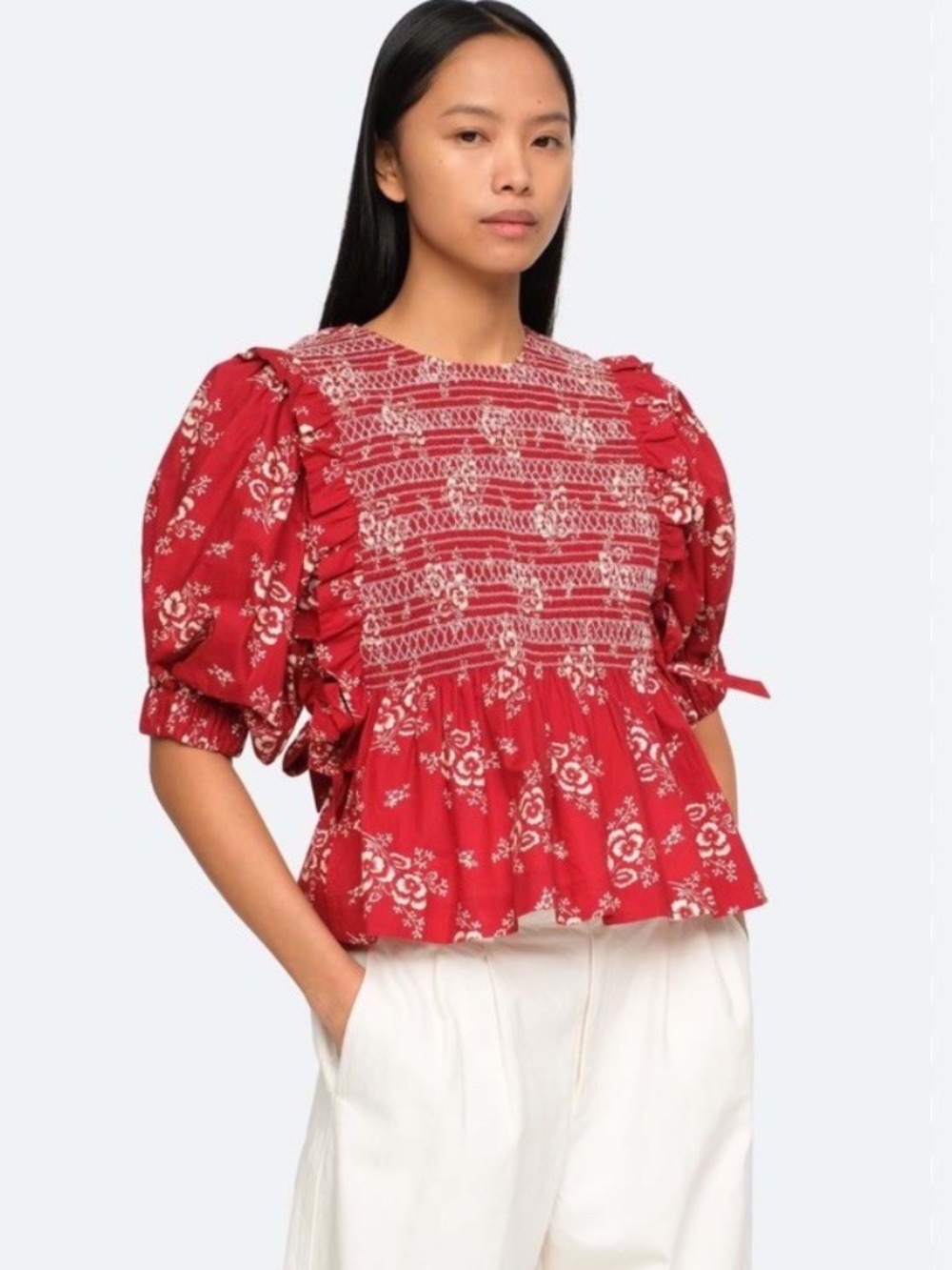 Sea New York Alessia Ruffled Floral Red Prairie Top, Puff Sleeve Smocking, Small